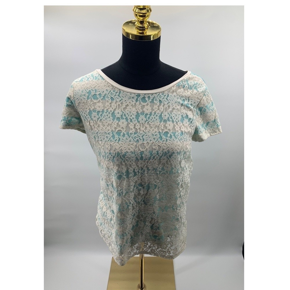 LC Lauren Conrad Teal Gray Striped Lace Front Short Sleeve Top Womens Medium